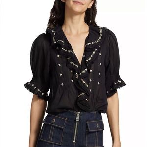 Doen Hettie Floral Pin-Tucked Cotton Top in Black Size XS